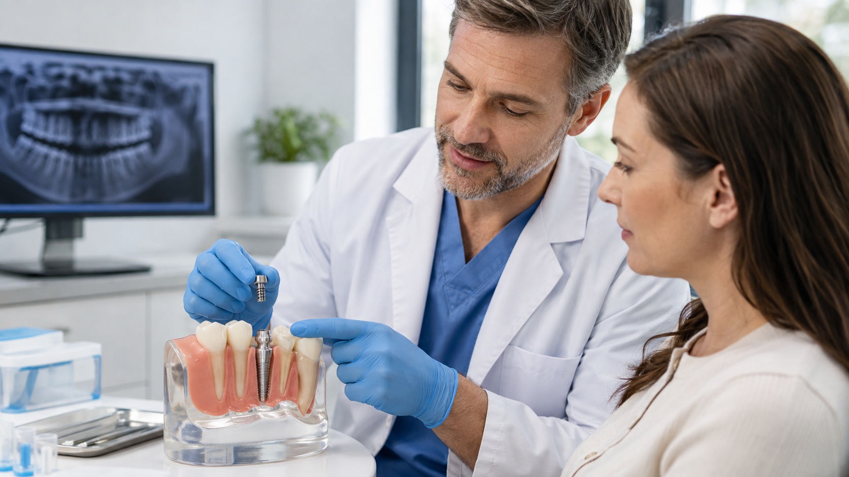 Implant dentist explaining a loose healing cap using a dental implant model.